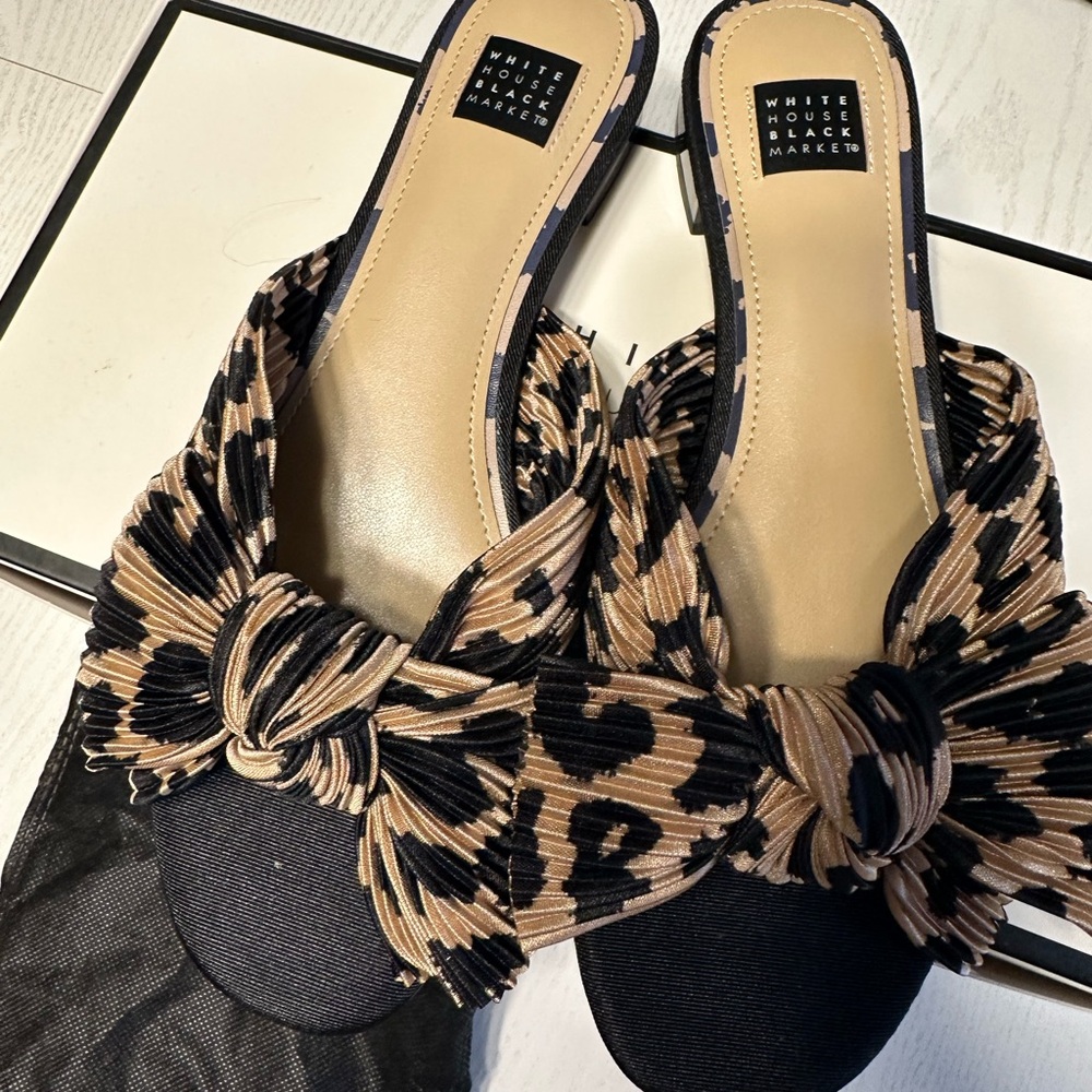 White House Black Market Black and Brown Flats with Leopard Print Bows